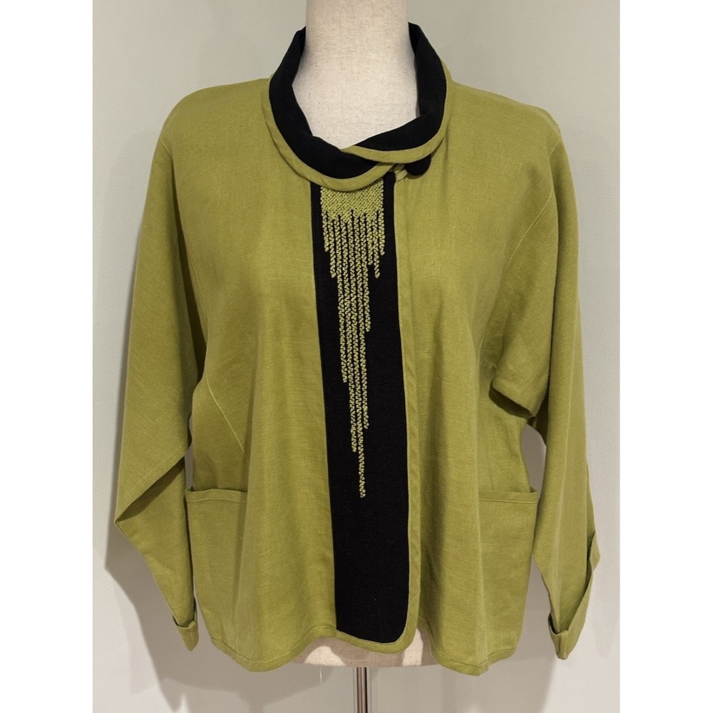 Roxy Wells Olive Neon Black Linen Lagenlook Blazer Jacket Size Small